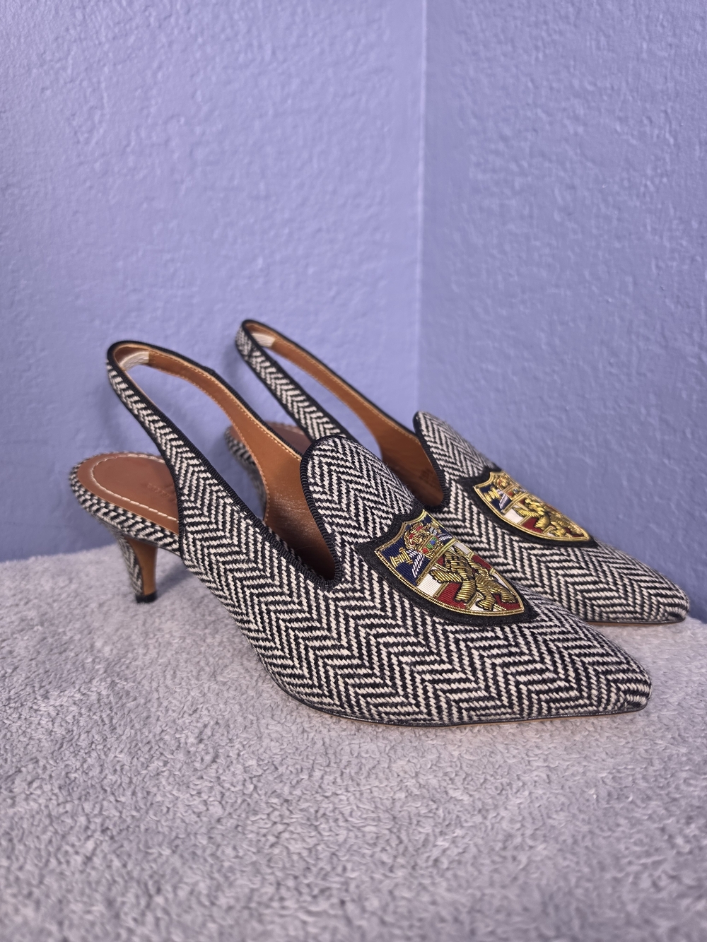 Vintage Polo Ralph Lauren Black & White Herringbone Crest Slingback Heel